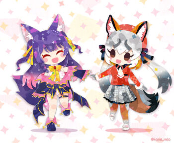 .live 2girls animal_ears black_eyes blazer blue_hair bow bowtie dress extra_ears fox_ears fox_girl fox_tail gloves grey_hair hat island_fox_(kemono_friends) jacket kemono_friends kemono_friends_v_project kikuchi_milo leotard microphone multiple_girls necktie pantyhose ribbon rurun_rururica shirt shoes simple_background skirt smile tail twintails virtual_youtuber