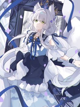 1girl absurdres animal_ears arknights bare_shoulders blue_ribbon chromatic_aberration closed_mouth clothing_cutout commentary eyes_visible_through_hair falling_petals flower frills green_eyes hair_flower hair_ornament highres infection_monitor_(arknights) light_smile long_hair looking_at_viewer mai_(ayamai2017) neck_ribbon petals picture_frame purple_flower ribbon rosmontis_(arknights) shoulder_cutout solo split_mouth very_long_hair white_hair