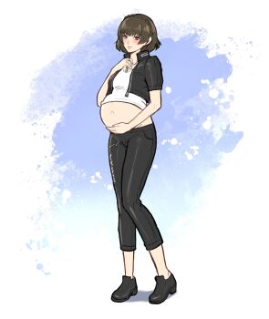 1girl absurdres blush braid brown_hair highres jacket jewelry moonllita navel necklace niijima_makoto pants persona persona_5 persona_5_scramble:_the_phantom_strikers pregnant red_eyes shoes short_hair