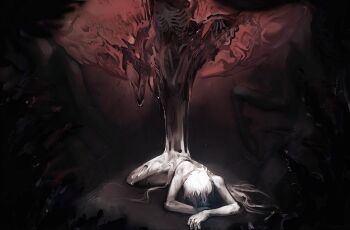 Rule 34 | 1other, absurdres, androgynous, chinese commentary, colored skin, commentary request, completely nude, crawling, degrees of lewdity, full body, head down, highres, horror (theme), ivory wraith, long hair, lying, melting, mowodif, nude, on side, painterly, ribs, skinny, white hair, white skin