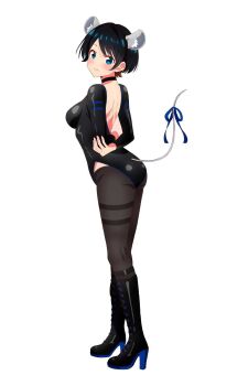 Rule 34 | 1girl, alternate costume, animal ear fluff, animal ears, arms behind back, bare back, black boots, black choker, black hair, black leotard, black pantyhose, blue bow, blue eyes, blush, boots, bow, breasts, choker, fake animal ears, fake tail, fingernails, full body, high heel boots, high heels, highres, hirayama kanna, kanojo okarishimasu, knee boots, large breasts, leather, leather leotard, leotard, looking at viewer, official art, pantyhose, sarashina ruka, short hair, simple background, solo, tail, thighband pantyhose, third-party source, white background