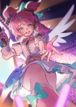 1girl absurdres aqua_hair aqua_streaks aria_(zenless_zone_zero) black_bow blue_eyes blue_nails blurry blurry_background blush bow bow_legwear center_frills commentary dress feet_out_of_frame fingerless_gloves fingernails frilled_sleeves frilled_socks frills from_below gloves glowstick green_bow hair_bow highres looking_at_viewer multicolored_hair open_mouth penlight_(glowstick) pink_gloves pink_hair pink_socks socks solo stage streaked_hair sweat symbol-only_commentary tian_luo_bo white_dress white_wings wings zenless_zone_zero