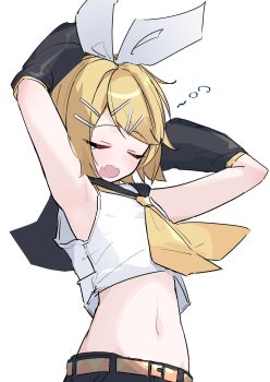 1girl armpits arms_up blonde_hair bow closed_mouth commentary_request fang flat_chest hair_ornament hairclip highres kagamine_rin navel neckerchief necktie open_mouth simple_background skin_fang sleepy tears thinker25075754 vocaloid white_background white_bow yawning yellow_neckerchief yellow_necktie
