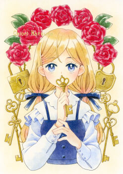 Rule 34 | 1girl, blonde hair, blue eyes, chiori n, colored pencil (medium), commentary, flower, frilled shirt, frills, highres, holding, holding key, key, lock, long hair, looking at viewer, low twintails, original, padlock, red flower, red rose, rose, shirt, solo, traditional media, twintails, upper body
