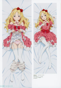 1girl a-1_pictures absurdres blonde_hair blush bow brown_eyes dress drill_hair eromanga_sensei flat_chest full_body hair_bow highres layered_dress layered_sleeves loli long_hair long_sleeves looking_at_viewer lying official_art oka_yuuichi on_back pink_dress pointy_ears red_bow ringlets scan yamada_elf