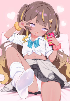 1girl alternate_skin_color anya_melfissa black_skirt blonde_hair blue_bow blue_bowtie blush bow bowtie brown_hair cardigan cardigan_around_waist cellphone clothes_around_waist commission dark-skinned_female dark_skin feet front-tie_top hair_ornament heart highres holding holding_phone hololive hololive_indonesia kani_bonara loli long_hair looking_at_viewer lying midriff multicolored_hair navel panties pantyshot phone purple_eyes school_uniform scrunchie shirt sitting skirt smartphone smile socks soles solo tied_shirt underwear upskirt v virtual_youtuber white_panties white_shirt white_socks wrist_scrunchie