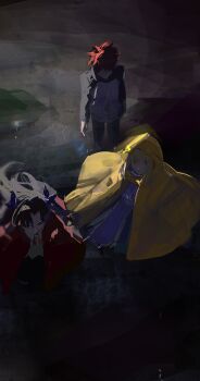 1boy 2girls artoria_pendragon_(fate) black_hair black_thighhighs blonde_hair emiya_shirou fate/stay_night fate/unlimited_blade_works fate_(series) green_eyes highres homurabara_academy_school_uniform long_hair multiple_girls orange_hair ribbon saber_(fate) school_uniform short_hair skirt thighhighs tohsaka_rin ubwmitekure