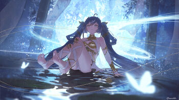 1girl ahoge armlet bare_shoulders barefoot blue_eyes blue_hair breasts cleavage closed_mouth commentary feet full_body full_moon gold_bra highres iuno_(wuthering_waves) jewelry knees_up leg_wrap long_hair medium_breasts moon multicolored_hair sitting solo streaked_hair symbol-only_commentary thighs toes twintails twitter_username vambraces very_long_hair wuthering_waves zeradok
