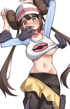 1girl absurdres arms_up black_pantyhose blush breasts brown_hair clothes_lift clothes_pull disembodied_hand donut_hair_bun double_bun finger_in_another&#039;s_mouth gen_1_pokemon hair_bun haunter highres large_breasts long_hair navel nintendo pantyhose pokemon pokemon_(creature) pokemon_bw2 pokephilia raglan_sleeves rosa_(pokemon) shirt shirt_lift shorts shorts_pull simple_background stomach twintails undressing_another very_long_hair visor_cap white_background ziro_(zirorong)