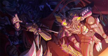 4boys armor brown_hair cape claws closed_mouth destiny_hero_-_destroyer_phoenix_enforcer duel_monster evil_hero_malicious_bane evil_smile extra_eyes fangs gem gloves glowing glowing_eyes highres horns mask masked_hero_dark_law multiple_boys night open_mouth purple_gem red_cape sky smile star_(sky) starry_sky supreme_king_(yu-gi-oh!_gx) wings yellow_eyes yu-gi-oh! yu-gi-oh!_gx yuki_judai zackpyo