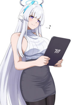 1girl alternate_costume bare_shoulders black_pantyhose black_skirt blue_archive blush breasts closed_mouth commentary cyka feet_out_of_frame formal_clothes halo highres holding holding_notepad lips long_hair looking_down mechanical_halo medium_breasts musical_note noa_(blue_archive) notepad office_lady pantyhose pencil_skirt purple_eyes sidelocks skirt sleeveless smile solo standing sweater_vest very_long_hair white_background white_hair white_sweater_vest