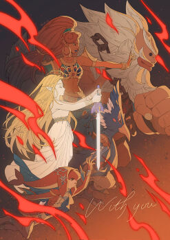 2boys 3girls bare_shoulders beard blonde_hair blue_feathers bracelet clenched_hand closed_eyes commentary dark-skinned_female dark_skin daruk dress earrings english_commentary english_text facial_hair feathers from_side gerudo goron highres holding holding_sword holding_weapon hoop_earrings jewelry long_hair master_sword mipha multiple_boys multiple_girls nintendo outstretched_arm pointy_ears princess_zelda profile red_background red_hair revali reverse_grip rito rutiwa strapless strapless_dress sword the_legend_of_zelda the_legend_of_zelda:_breath_of_the_wild urbosa weapon white_dress white_hair zora