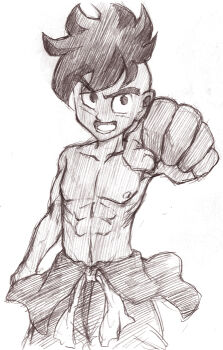 1boy belt black_eyes black_hair dragon_ball fisting male_focus monochrome smile solo tagme uub white_belt