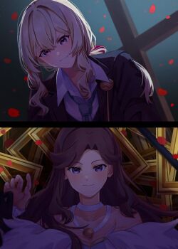 2girls absurdres bare_shoulders black_gloves black_jacket blonde_hair blurry blurry_background blush brown_hair cane choker closed_mouth collarbone collared_shirt depth_of_field empty_picture_frame falling_petals female_pov fingernails frilled_sleeves frills fur-trimmed_shirt fur_trim girl_on_top gloves gradient_background grey_background grey_necktie grin hair_between_eyes hair_ribbon hand_on_another's_wrist hand_up hashtag-only_commentary highres jacket long_hair long_sleeves looking_ahead looking_at_viewer lying multiple_girls multiple_views necktie off-shoulder_shirt off_shoulder official_alternate_costume official_alternate_hairstyle on_back parted_bangs parted_lips petals picture_frame pink_eyes pov pov_hands purple_eyes raven_(rnzraven) red_ribbon ribbon saijou_claudine shade shirt shoujo_kageki_revue_starlight sidelocks smile tendou_maya white_choker white_shirt yuri