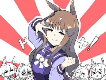 >:) >_< 5girls :d =_= arm_up blue_eyes bow braid brown_hair chibi closed_eyes closed_mouth ear_bow el_condor_pasa_(umamusume) eye_mask grass_wonder_(umamusume) half-closed_eyes kawamochi_(kawauti919) king_halo_(umamusume) long_hair long_sleeves looking_at_viewer mask multicolored_hair multiple_girls one_side_up open_mouth outline puffy_long_sleeves puffy_sleeves purple_shirt school_uniform seiun_sky_(umamusume) shirt smile solo_focus special_week_(umamusume) striped_bow sunburst sunburst_background tracen_school_uniform translation_request two-tone_hair umamusume v v-shaped_eyebrows v_over_eye very_long_hair white_bow white_hair white_outline xd