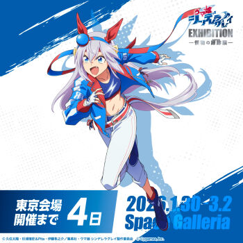 1girl animal_ears belt blue_eyes blue_hairband blue_jacket blue_sports_bra breasts collarbone commentary_request ear_covers fang fingerless_gloves full_body gloves grey_hair grey_tail hair_between_eyes hairband headband horse_ears horse_girl horse_tail jacket lightning_bolt_print lightning_bolt_symbol long_hair long_sleeves midriff multicolored_hairband navel official_art open_clothes open_jacket open_mouth pants red_belt red_headband shoes small_breasts smile solo sports_bra striped_clothes striped_hairband tail tamamo_cross_(fast_as_lightning)_(umamusume) tamamo_cross_(umamusume) two-tone_hairband umamusume umamusume:_cinderella_gray very_long_hair white_pants