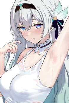 1girl aqua_pupils arm_up armpits black_hairband blush bow breasts bright_pupils closed_mouth collar commentary detached_collar english_commentary firefly_(honkai:_star_rail) grey_hair hair_bow hairband hand_up highres honkai:_star_rail honkai_(series) large_breasts long_hair looking_at_viewer mizurena multicolored_bow multicolored_eyes simple_background smile solo sweat sweaty_clothes tank_top upper_body very_long_hair very_sweaty white_background white_collar white_tank_top