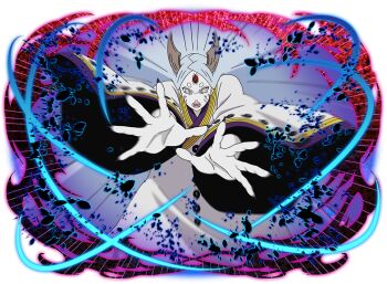 Rule 34 | 1girl, brown horns, byakugan, colored skin, grey eyes, grey hair, heterochromia, horns, japanese clothes, kimono, looking at viewer, naruto (series), naruto shippuuden: ultimate ninja blazing, official art, ootsutsuki kaguya, open mouth, red eyes, rinne sharingan, solo, teeth, third eye, tomoe (symbol), upper body, white kimono, white skin