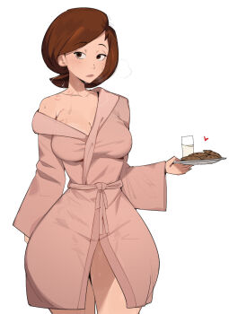 1girl after_kiss bathrobe blush breasts brown_eyes brown_hair cleavage cookie dr_octojuice food helen_parr highres holding holding_plate implied_after_sex mature_female medium_breasts milk off_shoulder pink_robe plate robe simple_background solo sweat the_incredibles thick_thighs thighs white_background wide_hips