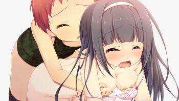 1boy 1girl all_fours aoi_aruma bent_over black_hair blunt_bangs blush bra breasts cleavage closed_eyes clothed_male_nude_female clothes_pull collarbone cowboy_shot doggystyle embarrassed female_orgasm game_cg grabbing_another&#039;s_breast grabbing_from_behind green_tank_top grey_background groping hairband haruya_seitarou_(jissai_no_tokoro) hetero jissai_no_tokoro kodomo_doushi large_breasts large_variant_set long_hair nipples nude open_mouth orgasm parted_lips pink_bra raised_inner_eyebrows red_hair sex sex_from_behind shinonome_mozuku_(jissai_no_tokoro) short_hair shorts shorts_pull sidelocks simple_background standing straight_hair tank_top tearing_up tears third-party_source underwear variant_set very_long_hair very_short_hair wavy_mouth white_hairband