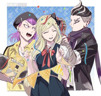 1girl 2boys bandaged_arm bandages black_bow black_coat black_dress black_hat blonde_hair boombox bow braid coat commentary_request confetti danganronpa_(series) danganronpa_2:_goodbye_despair dress earrings facial_mark hat jewelry mt2_(sub_mmt) multiple_boys pink_eyes pink_hair purple_scarf red_ribbon ribbon scarf sharp_teeth soda_kazuichi sonia_nevermind string_of_flags tanaka_gundham teeth undercut