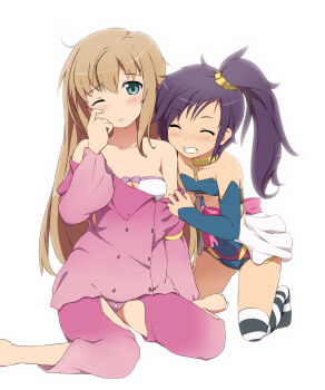 2girls bare_shoulders blush breasts brown_hair ciel_nosurge cleavage closed_eyes grin gust hair_ornament highres ionasal_kkll_preciel long_hair multiple_girls nayaflask nei_afrasku pajamas parted_lips ponytail simple_background sitting small_breasts smile striped_clothes striped_legwear striped_thighhighs surge_concerto thighhighs undressing utamaru_(konomix) wariza white_background yuri