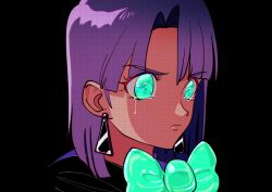 Rule 34 | 1girl, black background, bow, bowtie, closed mouth, crying, crying with eyes open, dangle earrings, earrings, green bow, green eyes, jewelry, medium hair, no pupils, original, portrait, purple hair, retro artstyle, simple background, solo, tearing up, tears, yo-co
