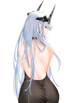 Rule 34 | 1girl, absurdres, alternate costume, arknights, ass, back, backless outfit, bare back, black choker, black dress, chinese commentary, choker, closed mouth, commentary request, cowboy shot, demon horns, dress, earrings, from behind, grey hair, highres, horns, jewelry, long hair, looking at viewer, looking back, mu aii, mudrock (arknights), pointy ears, red eyes, simple background, solo, very long hair, white background