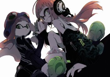 2girls behind-the-head_headphones black-framed_eyewear black_bodysuit black_jacket black_nails bodysuit closed_mouth commentary_request crossover glasses gloves goggles goggles_on_head green_eyes green_gloves green_shoes headphones high_five highres inkling inkling_girl inkling_player_character jacket long_hair long_sleeves looking_at_viewer multiple_girls nekoolantern nintendo oracle_(persona_5) orange_eyes orange_hair parted_lips persona persona_5 round_eyewear sakura_futaba shoes sitting smile splatoon_(series) tank_top tentacle_hair white_tank_top