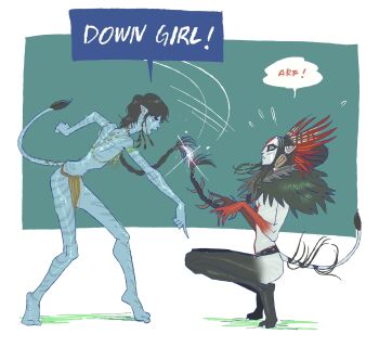 2girls alien avatar:_fire_and_ash black_hair blue_skin cat_girl cat_tail colored_skin down_boy!!_(meme) facepaint hashtag-only_commentary highres james_cameron's_avatar kiri_(avatar) long_hair meme multiple_girls pathfinderavt pointy_ears simple_background squatting tail varang war_paint white_background yellow_eyes