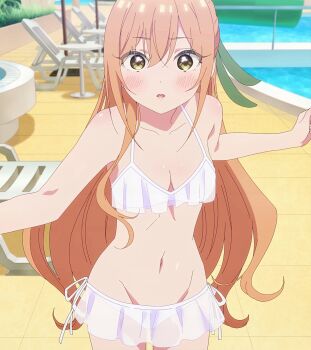 1girl anime_screenshot bare_shoulders bikini blush breasts brown_eyes brown_hair cleavage collarbone dot_nose female_focus highres inda_karane kimi_no_koto_ga_dai_dai_dai_dai_daisuki_na_100-nin_no_kanojo long_hair looking_at_viewer midriff navel open_mouth outdoors pool poolside see-through_bikini see-through_clothes sexually_suggestive side-tie_bikini_bottom small_breasts solo solo_focus stitched stomach swimsuit third-party_edit very_long_hair white_bikini