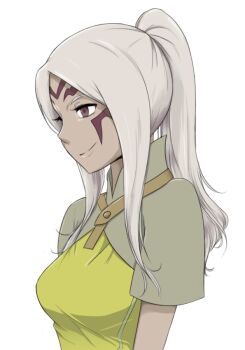 1girl alternate_hairstyle aversa_(fire_emblem) facial_mark female_focus fire_emblem fire_emblem_awakening forehead_mark hair_up lithety long_hair nintendo ponytail purple_eyes short_sleeves sidelocks sideways_mouth smile solo swept_bangs transparent_background upper_body