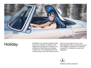 1girl absurdres alternate_costume animal_ears arknights astesia_(arknights) bare_shoulders bird_ears blue_eyes blue_hair bright_pupils car convertible driving fake_ad hat highres immeasurable long_hair looking_at_viewer mercedes-benz motor_vehicle shirt smile solo white_hat white_pupils white_shirt wide_brim