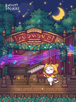 ahoge animal animal_focus artist_request blush_stickers bow bowtie bush cat cloak closed_eyes closed_mouth clothed_animal commentary confetti copyright_name crescent_moon dancing ear_covers english_commentary flower highres hood hood_up hooded_cloak infinity_nikki logo meteor_shower momo_(nikki) moon musical_note musical_staff navel night night_sky nikki_(series) no_humans official_art outdoors pixel_art red_bow red_bowtie red_flower second-party_source sky smile spotlight stage star_(sky) starry_sky traditional_bowtie tree whiskers white_cat yellow_cloak