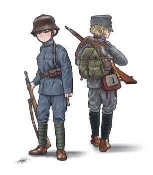 2girls absurdres backpack bag bolt_action gaiters gun highres ihwagun load_bearing_equipment military multiple_girls shovel weapon