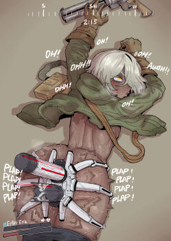 1girl absurdres anal anal_object_insertion arc_raiders blush brown_gloves clothes_pull commentary_request dark-skinned_female dark_skin double_penetration ebonyxh eylin_eyla_(ebonyxh) gloves green_jacket gun heads-up_display highres jacket object_insertion original pants pants_pull sex_machine sleeves_rolled_up solo user_interface vaginal vaginal_object_insertion weapon white_hair