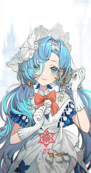 1girl 37_(reverse:1999) absurdres apron bell blue_dress blue_eyes blue_hair bow bowtie character_name chinese_commentary commentary_request dress gloves grin hair_bell hair_between_eyes hair_ornament hands_up hexagram highres looking_at_viewer low_twintails official_alternate_costume orange_bow orange_bowtie reverse:1999 short_sleeves smile solo twintails upper_body veil white_apron white_background white_gloves white_veil wvw
