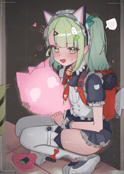 absurdres animal_ear_hairband animal_ears bell black_dress blush cat_ear_hairband cat_ears commentary dress fake_animal_ears fang flying_sweatdrops frilled_dress frills green_eyes green_hair hair_ornament hairband heart heart_in_eye high_(hgih) highres holding looking_at_viewer maid maid_headdress megaphone neck_bell official_alternate_costume open_mouth red_bag spoken_blush squatting sunna_(afternoon_tea_break)_(zenless_zone_zero) sunna_(zenless_zone_zero) sweat symbol_in_eye thighhighs triangle_hair_ornament white_thighhighs zenless_zone_zero