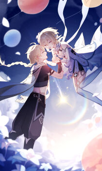 1boy 1girl absurdres aether_(genshin_impact) ahoge balloon bare_shoulders blonde_hair brother_and_sister cape closed_eyes dress feather_hair_ornament feathers flower gauntlets genshin_impact grass hair_flower hair_ornament hana_(nemukunai87) highres holding_hands lumine_(genshin_impact) midriff open_mouth shooting_star siblings sky star_(sky) starry_sky white_dress white_flower