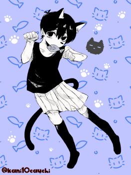 Rule 34 | 1boy, animal ears, black eyes, black hair, black shorts, black socks, black tank top, cat boy, cat ears, cat tail, closed mouth, colored skin, commentary request, double-parted bangs, fang, fang out, fish in mouth, full body, hair between eyes, highres, kauchi (kani10cauchi), kemonomimi mode, kneehighs, looking at viewer, male focus, omori, omori (omori), shorts, socks, solo, striped clothes, striped shorts, tail, tank top, twitter username, two-tone shorts, vertical-striped clothes, vertical-striped shorts, white shorts, white skin