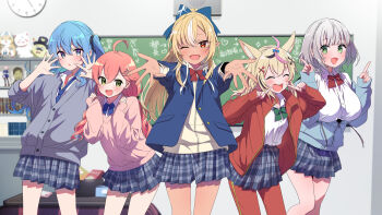 Rule 34 | 35p (sakura miko), 5girls, :d, :o, ;d, absurdres, ahoge, animal ears, blazer, blonde hair, blue eyes, blue hair, blue jacket, blush, cardigan, chalkboard, character doll, clubroom, cowboy shot, dan'in-san (shirogane noel), doll, fox ears, green eyes, grey cardigan, grey hair, grey skirt, highres, hololive, hoshimachi suisei, indoors, jacket, kotatsu, long hair, looking at viewer, low twintails, miniskirt, multiple girls, official alternate costume, official art, omaru polka, one eye closed, one side up, ookami mio, ookami mio (another ookami mio), open clothes, open jacket, open mouth, pants, pants under skirt, pink hair, pink sweater, plaid clothes, plaid skirt, pleated skirt, pointing, pointing at self, ponytail, red jacket, sakura miko, school uniform, shiraken! shiranai koto kenkyukai, shiranui flare, shiranui kensetsu, shirogane noel, short hair, skirt, smile, sweater, table, translation request, tsumumi (kandume103), twintails, virtual youtuber, yagoo, zain (omaru polka)