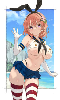 Rule 34 | alternate breast size (larger), beach, black hairband, black neckerchief, black panties, blue sailor collar, blue skirt, breasts, brown eyes, brown hair, commentary, cosplay, cowboy shot, crop top, elbow gloves, gloves, gochuumon wa usagi desu ka?, hairband, highleg, highleg panties, highres, himaharineru, horizon, hoto cocoa, kantai collection, large breasts, microskirt, miniskirt, neckerchief, ocean, panties, pleated skirt, sailor collar, shimakaze (kancolle), shimakaze (kancolle) (cosplay), shirt, short hair, skirt, sleeveless, sleeveless shirt, striped clothes, striped thighhighs, thighhighs, underboob, underwear, untranslatable commentary, waving, white gloves