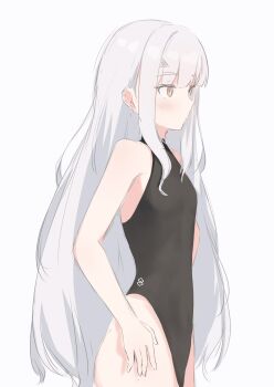 1girl absurdres bare_arms bare_shoulders black_one-piece_swimsuit blush breasts brown_eyes closed_mouth fate/grand_order fate_(series) from_side grey_background grey_hair highres long_hair melusine_(fate) one-piece_swimsuit riya_(01214) simple_background small_breasts solo swimsuit very_long_hair