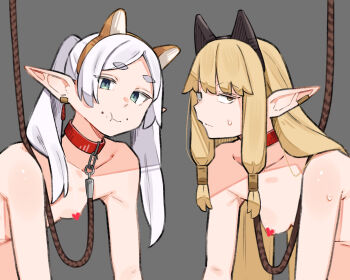 2girls all_fours animal_ears annoyed bare_arms bare_shoulders blonde_hair breasts censored choker commentary_request completely_nude convenient_censoring earrings elf fake_animal_ears frieren green_eyes grey_background hair_between_eyes heart highres jewelry leash long_hair looking_at_viewer mixed-language_commentary multiple_girls nude out_of_frame pointy_ears red_choker sattinittas serie_(sousou_no_frieren) sidelocks simple_background small_breasts sousou_no_frieren thick_eyebrows white_background yellow_eyes