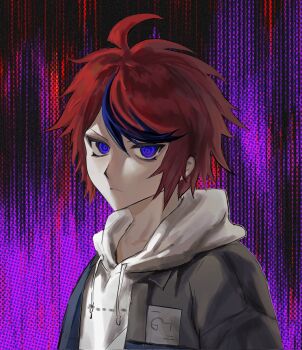ahoge black_background blue_eyes blue_hair closed_mouth eyebrows eyelashes highres hood hoodie looking_at_viewer messy_hair multicolored_eyes multicolored_hair pink_background red_background red_eyes red_hair sumino_takumi the_hundred_line_-last_defense_academy- upper_body