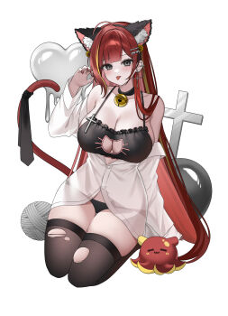 1girl absurdres akane_lize animal_ear_hairband animal_ears bell black_bra black_choker black_panties black_thighhighs bra breasts cat_cutout cat_ear_hairband cat_ear_panties cat_ears cat_tail choker claw_pose cleavage cleavage_cutout closed_mouth clothing_cutout commentary_request fake_animal_ears full_body grey_eyes hairband hand_up heart highres korean_commentary large_breasts long_hair looking_at_viewer melting_heart multicolored_hair neck_bell off_shoulder panties parted_bangs partially_unbuttoned pienna_(akane_lize) pure_(berrypure) red_hair seiza shirt simple_background sitting solo stellive straight_hair streaked_hair tail thighhighs tongue tongue_out torn_clothes torn_thighhighs underwear very_long_hair virtual_youtuber white_background white_shirt yarn yarn_ball