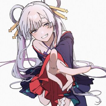 1girl :d bare_shoulders black_kimono blue_kimono cho_kaguya-hime! collarbone commentary_request grey_hair hair_ornament hair_rings hair_stick iwawa japanese_clothes kimono looking_at_viewer multicolored_hair nail_polish open_mouth runami_yachiyo simple_background smile solo twintails two-tone_hair v white_background