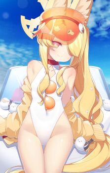 animal_ear_fluff animal_ears bird blonde_hair blue_archive blue_sky breasts clothing_cutout cloud covered_navel cross_halo diamond_cutout eskimofox fox_ears fox_girl fox_tail halo highleg highleg_one-piece_swimsuit highres jacket loli long_hair official_alternate_costume official_alternate_hairstyle one-piece_swimsuit orange-tinted_eyewear orange_eyes seia_(blue_archive) seia_(swimsuit)_(blue_archive) side_ponytail sitting sky small_breasts sunglasses swimsuit tail tinted_eyewear tit_(bird) visor_cap white_one-piece_swimsuit yellow_halo yellow_jacket yellow_visor