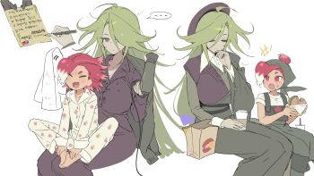 +++ ... 2girls :d ^_^ age_difference ahoge apple_print asymmetrical_bangs back-to-back bad_id bad_twitter_id bag bags_under_eyes bare_arms barefoot breasts burger butterfly_sitting closed_eyes closed_mouth collarbone collared_shirt colored_tips cookie_run cookie_run:_witch&#039;s_castle cup disposable_coffee_cup disposable_cup drinking_straw eating fang fast_food feet_out_of_frame food food_print fruit_print full_body green_hair green_headscarf green_overalls green_sweater hair_between_eyes hair_bun hair_dryer hair_flaps hair_over_one_eye hand_on_own_chin headscarf highres holding holding_burger holding_cup holding_food holding_hair_dryer holding_pen holding_towel humanization invisible_chair korean_text large_breasts long_hair long_sleeves looking_at_another multicolored_hair multiple_girls ohta_guk_hip one_eye_covered open_mouth overalls pajamas pen purple_eyes purple_pajamas purple_sweater_vest radish_cookie red_eyes red_hair rosemary_cookie shirt short_hair simple_background single_hair_bun sitting sitting_on_lap sitting_on_person skin_fang smile spoken_ellipsis sweat sweater sweater_vest swept_bangs towel translation_request two-tone_hair u_u very_long_hair white_background white_hair white_pajamas white_shirt wide_sleeves writing