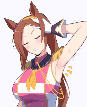 Rule 34 | 1girl, animal ears, armpit focus, armpits, asymmetrical gloves, bakushin o armpit gif (meme), black gloves, breasts, brown hair, ear ornament, epaulettes, gloves, gold hairband, hairband, highres, horse ears, horse girl, long hair, meme, mismatched gloves, neckerchief, ponytail, sakura bakushin o (blossom in learning) (umamusume), sakura bakushin o (umamusume), sleeveless, sleeveless jacket, smile, solo, umamusume, white gloves, yellow neckerchief, yuuta (yuuta0361)